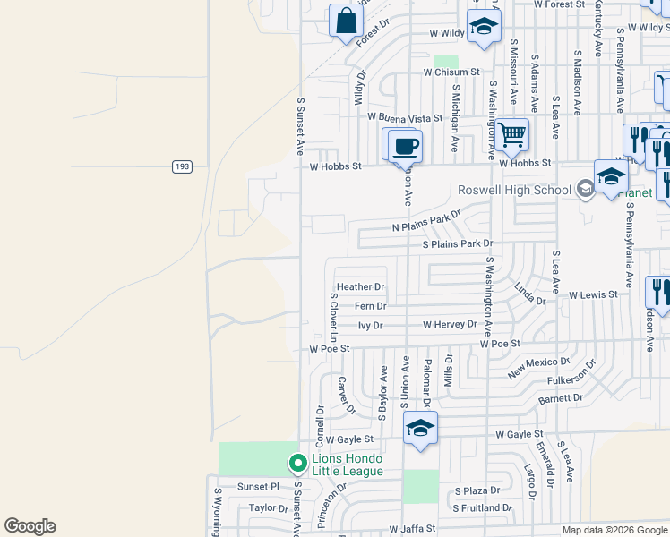 map of restaurants, bars, coffee shops, grocery stores, and more near 1901 South Clover Lane in Roswell