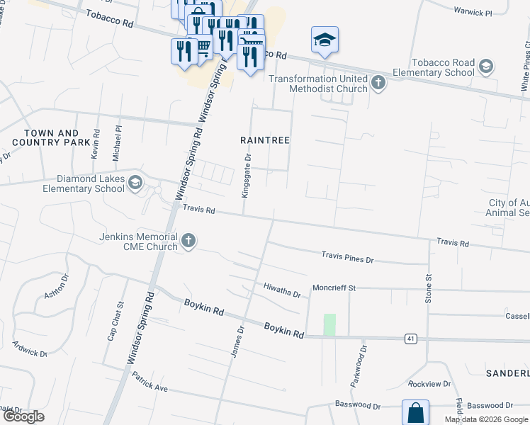map of restaurants, bars, coffee shops, grocery stores, and more near 3724 Tahitian Trail in Hephzibah