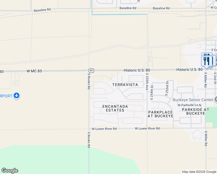 map of restaurants, bars, coffee shops, grocery stores, and more near 25749 West Madison Avenue in Buckeye