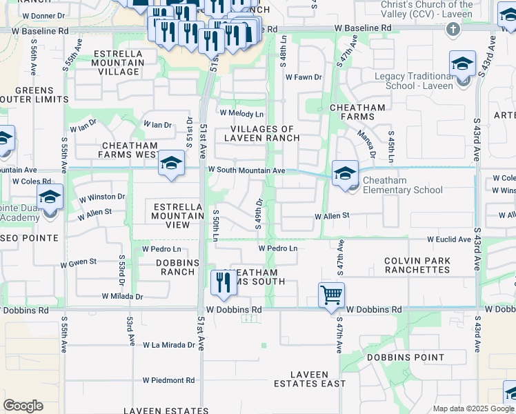 map of restaurants, bars, coffee shops, grocery stores, and more near 8528 South 49th Drive in Phoenix