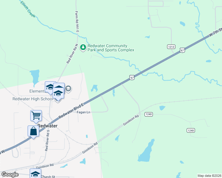 map of restaurants, bars, coffee shops, grocery stores, and more near U.S. 67 in Texarkana