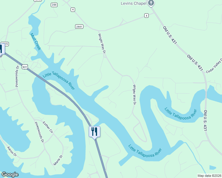 map of restaurants, bars, coffee shops, grocery stores, and more near 84 Muffit Drive in Wedowee