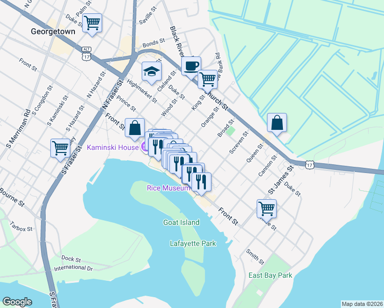 map of restaurants, bars, coffee shops, grocery stores, and more near 813 Highmarket Street in Georgetown