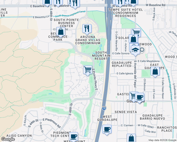 map of restaurants, bars, coffee shops, grocery stores, and more near 8645 South 51st Street in Phoenix