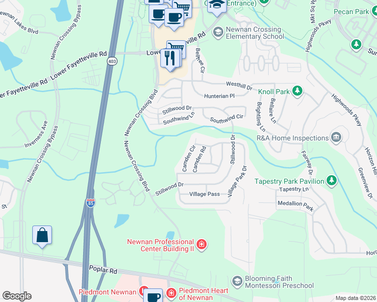 map of restaurants, bars, coffee shops, grocery stores, and more near 54 Camden Circle in Newnan