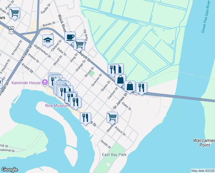 map of restaurants, bars, coffee shops, grocery stores, and more near 613 Church Street in Georgetown