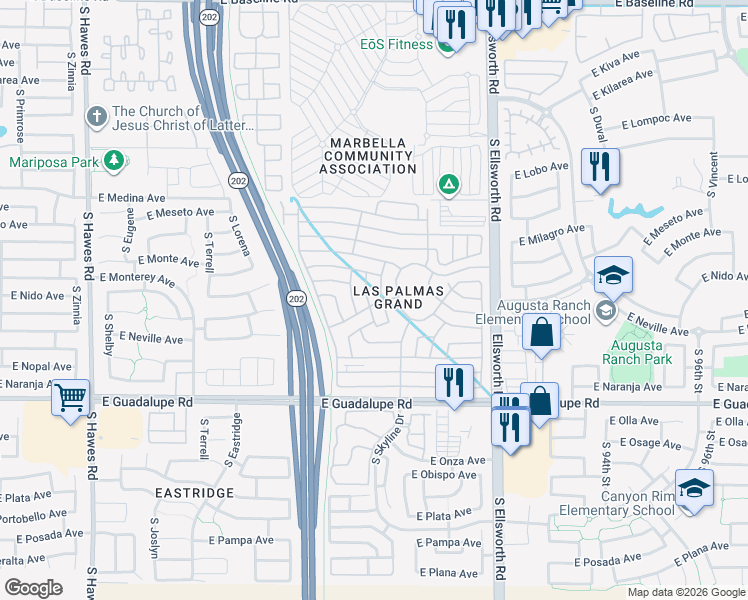 map of restaurants, bars, coffee shops, grocery stores, and more near 2550 Grand Avenue in Mesa