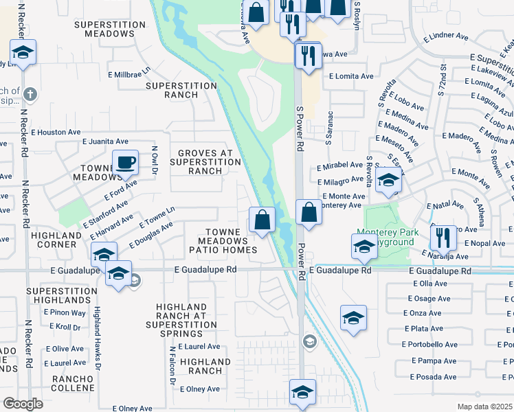 map of restaurants, bars, coffee shops, grocery stores, and more near 1015 North Sparrow Drive in Gilbert