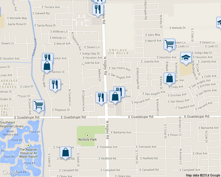 map of restaurants, bars, coffee shops, grocery stores, and more near 3222 East San Remo Avenue in Gilbert