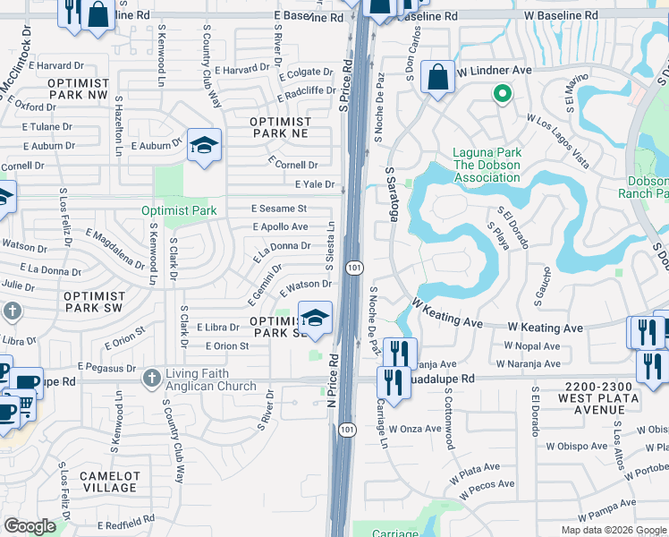 map of restaurants, bars, coffee shops, grocery stores, and more near 5913 South Siesta Lane in Tempe