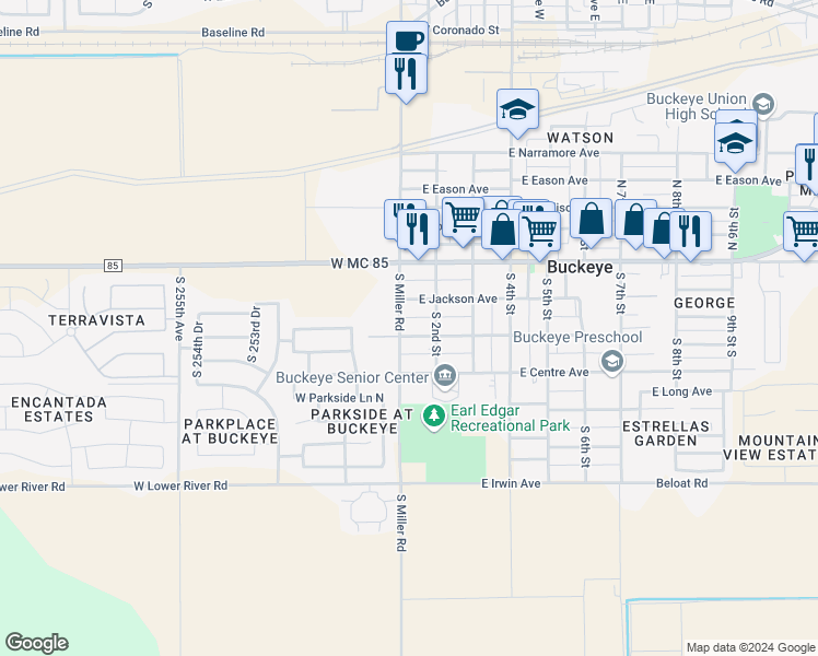 map of restaurants, bars, coffee shops, grocery stores, and more near 104 East Clanton Avenue in Buckeye