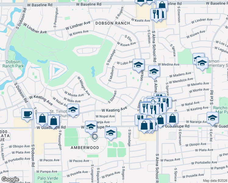 map of restaurants, bars, coffee shops, grocery stores, and more near 1434 West Meseto Avenue in Mesa