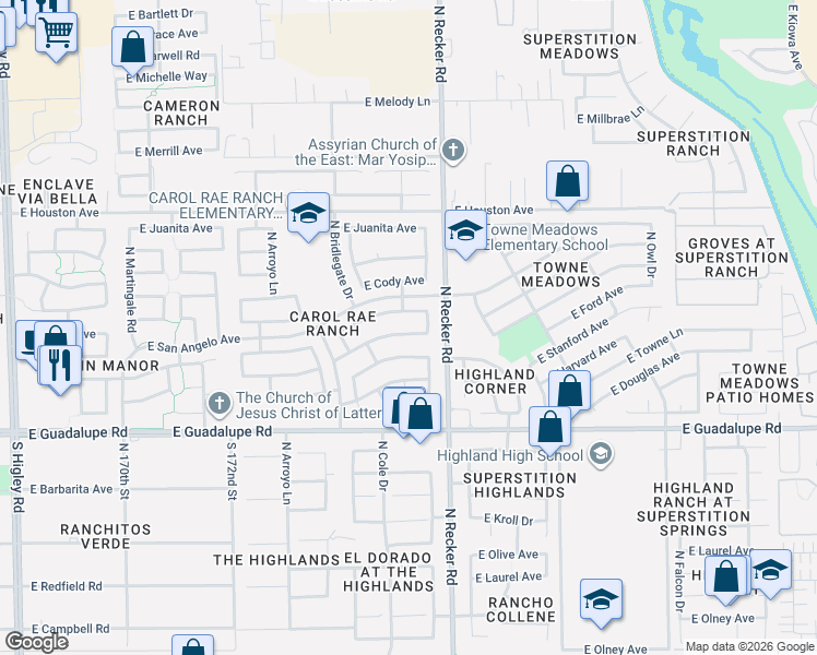 map of restaurants, bars, coffee shops, grocery stores, and more near 3930 East Encinas Avenue in Gilbert