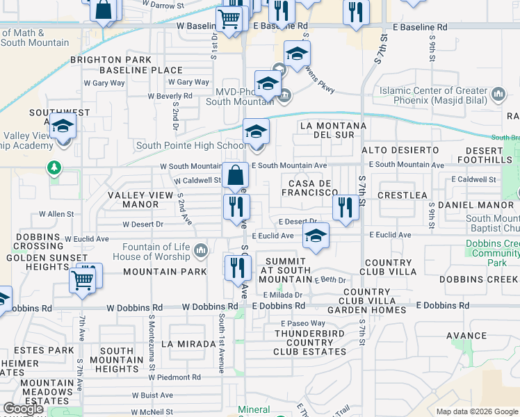 map of restaurants, bars, coffee shops, grocery stores, and more near 8414 South Central Avenue in Phoenix