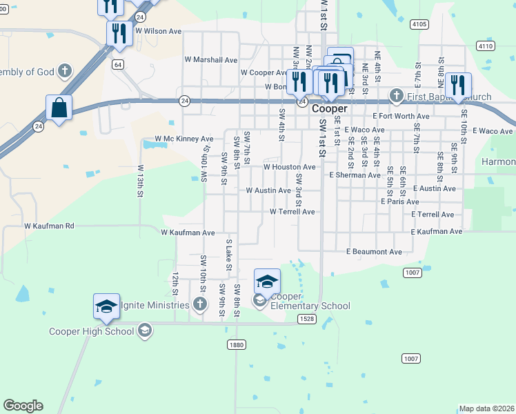 map of restaurants, bars, coffee shops, grocery stores, and more near 551 West Austin Avenue in Cooper