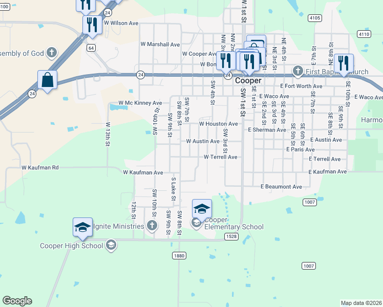 map of restaurants, bars, coffee shops, grocery stores, and more near 551 West Austin Avenue in Cooper