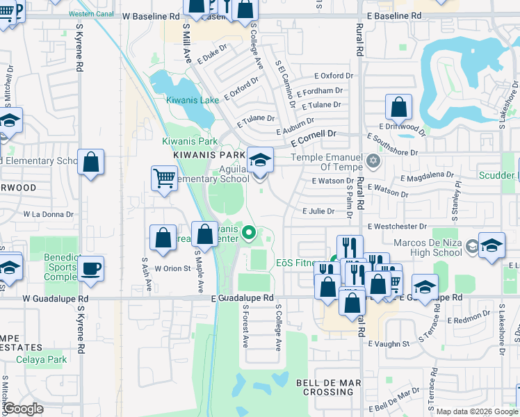 map of restaurants, bars, coffee shops, grocery stores, and more near 206 East Julie Drive in Tempe