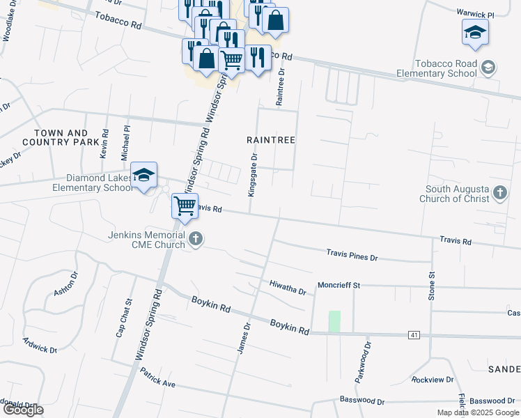 map of restaurants, bars, coffee shops, grocery stores, and more near 2407 Travis Road in Hephzibah