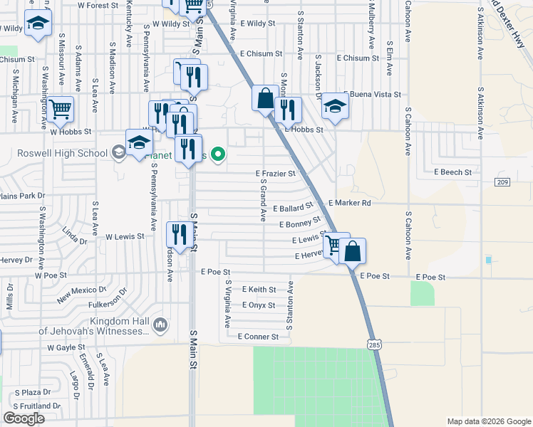 map of restaurants, bars, coffee shops, grocery stores, and more near 303 East Ballard Street in Roswell