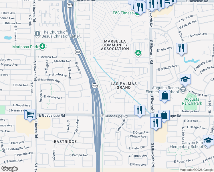 map of restaurants, bars, coffee shops, grocery stores, and more near S Las Palmas Grand in Mesa