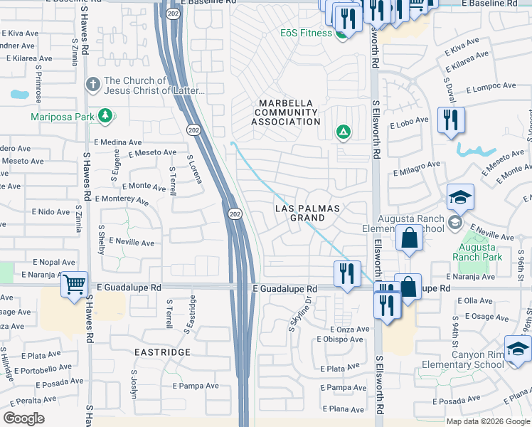 map of restaurants, bars, coffee shops, grocery stores, and more near S Las Palmas Grand in Mesa
