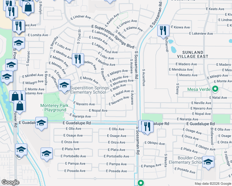 map of restaurants, bars, coffee shops, grocery stores, and more near 7461 East Nido Avenue in Mesa