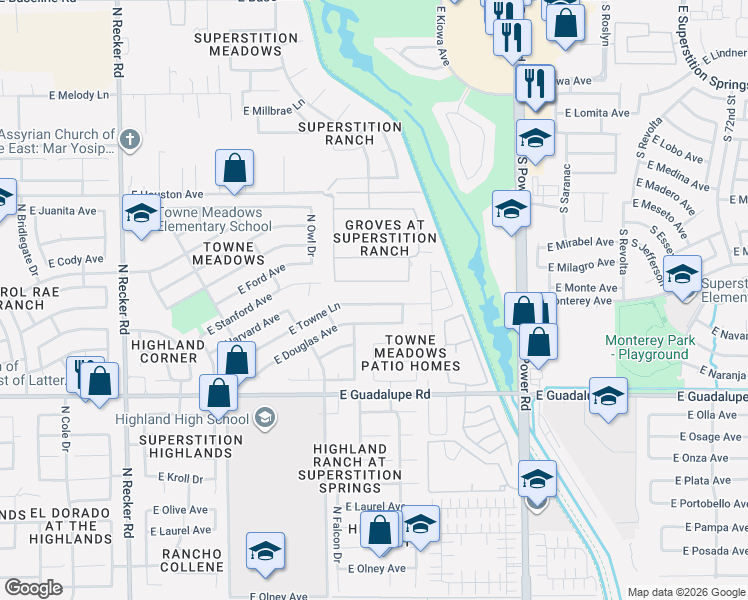map of restaurants, bars, coffee shops, grocery stores, and more near 4477 East Stanford Avenue in Gilbert