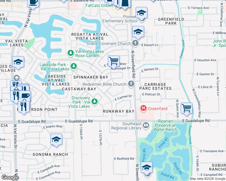 map of restaurants, bars, coffee shops, grocery stores, and more near 2258 East Huron Court in Gilbert