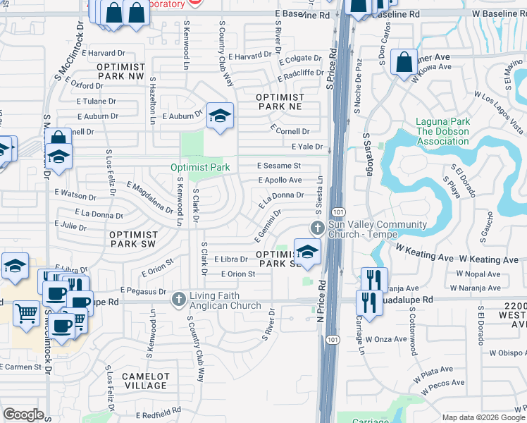map of restaurants, bars, coffee shops, grocery stores, and more near 2114 East La Donna Drive in Tempe