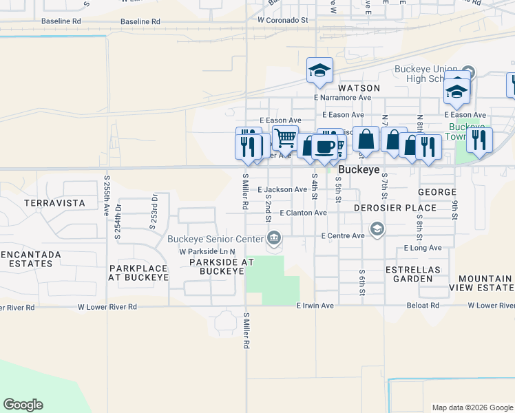 map of restaurants, bars, coffee shops, grocery stores, and more near 107 East Jackson Avenue in Buckeye