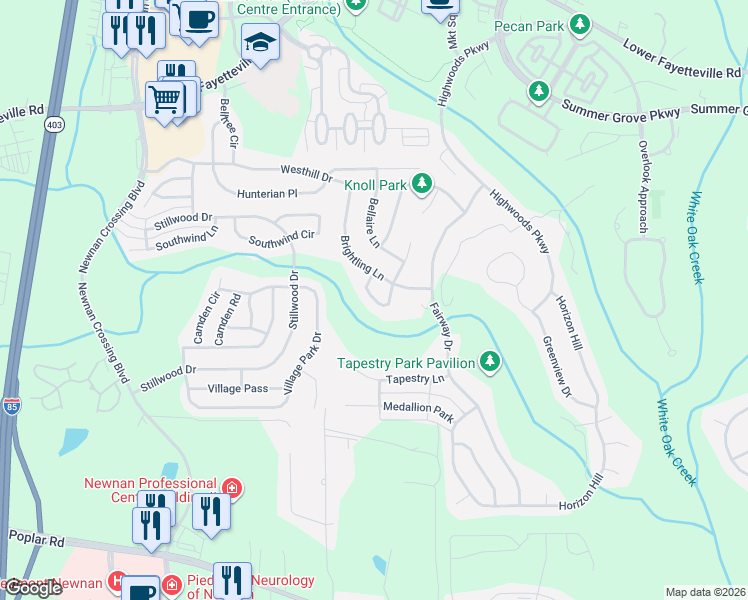 map of restaurants, bars, coffee shops, grocery stores, and more near Keystone Circle in Newnan