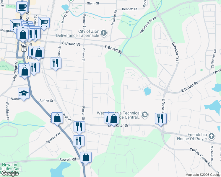 map of restaurants, bars, coffee shops, grocery stores, and more near 21 Mitchell Street in Newnan