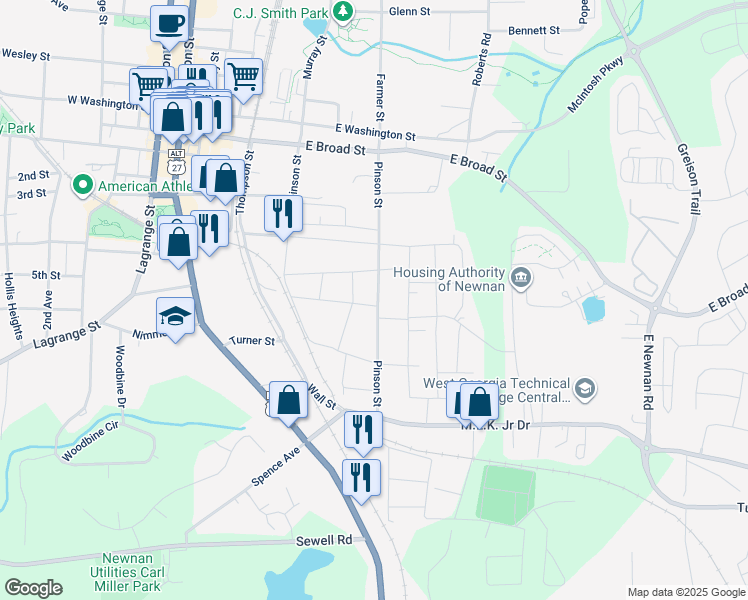 map of restaurants, bars, coffee shops, grocery stores, and more near 6 Hardaway Street in Newnan