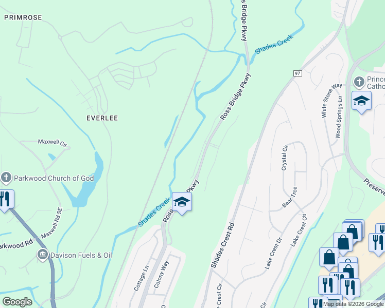 map of restaurants, bars, coffee shops, grocery stores, and more near 4589 McGill Terrace in Hoover