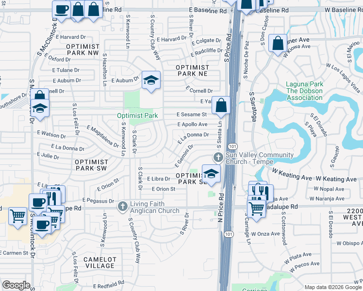map of restaurants, bars, coffee shops, grocery stores, and more near 2114 East La Donna Drive in Tempe