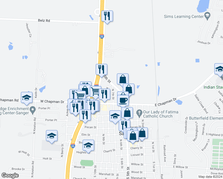 map of restaurants, bars, coffee shops, grocery stores, and more near 921 North 7th Street in Sanger