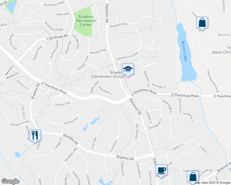 map of restaurants, bars, coffee shops, grocery stores, and more near 217 Copperplate Lane in Peachtree City