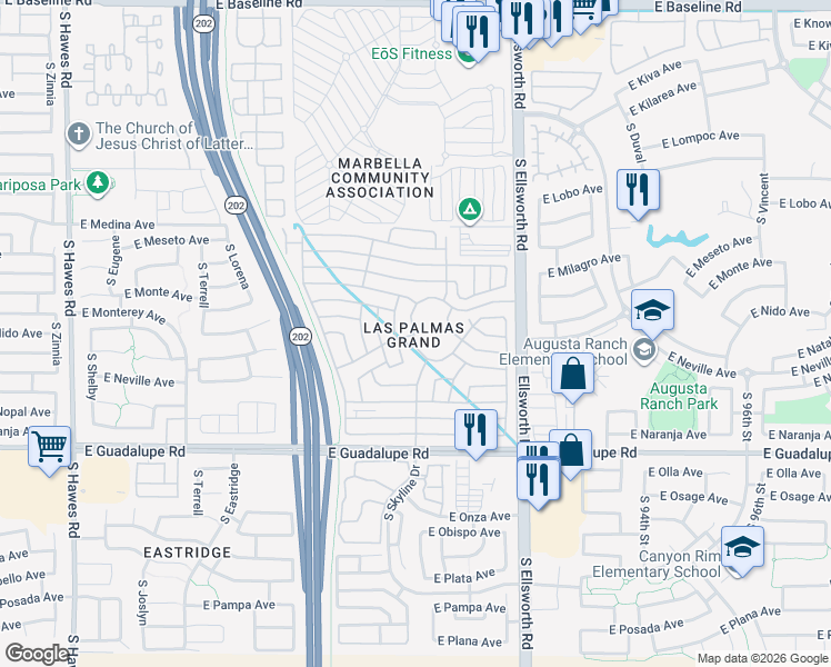 map of restaurants, bars, coffee shops, grocery stores, and more near 2550 Grand Avenue in Mesa