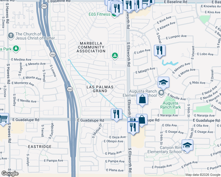 map of restaurants, bars, coffee shops, grocery stores, and more near Palm Cir in Mesa