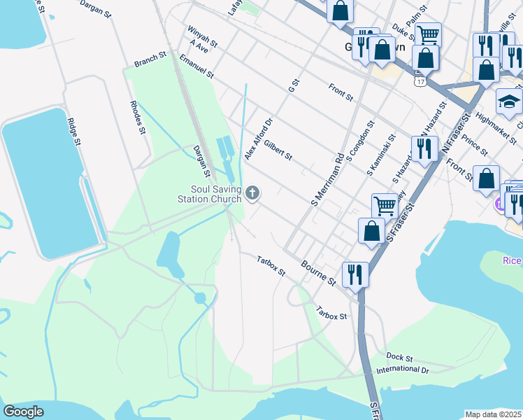 map of restaurants, bars, coffee shops, grocery stores, and more near 1919 Hawkins Street in Georgetown