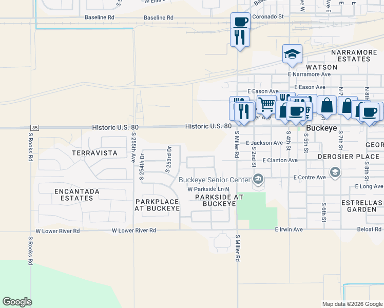 map of restaurants, bars, coffee shops, grocery stores, and more near 25822 West Jackson Avenue in Buckeye