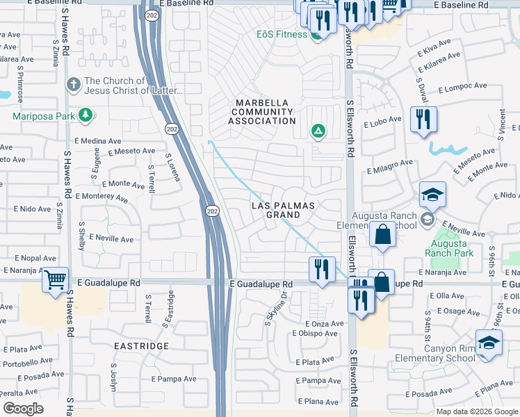map of restaurants, bars, coffee shops, grocery stores, and more near S Las Palmas Grand in Mesa