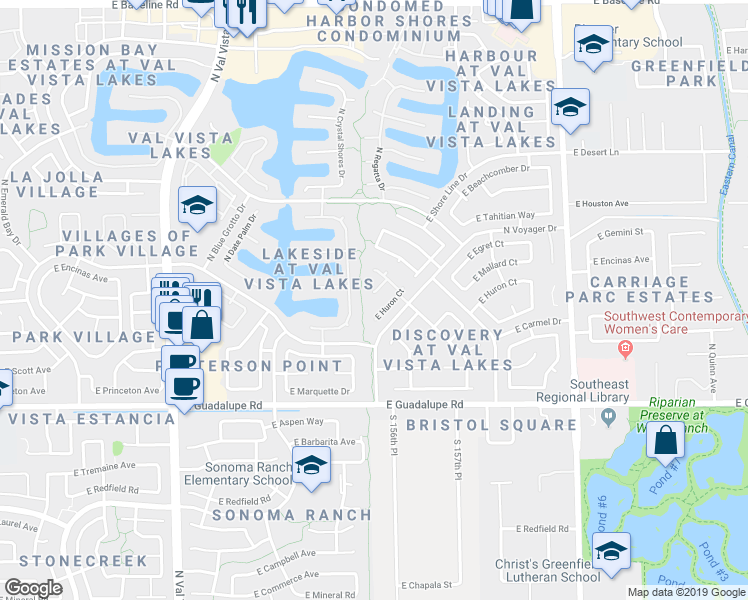 map of restaurants, bars, coffee shops, grocery stores, and more near 2119 East Mallard Court in Gilbert