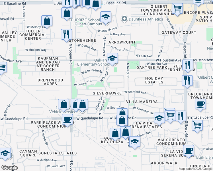 map of restaurants, bars, coffee shops, grocery stores, and more near 1048 North Golden Key Street in Gilbert
