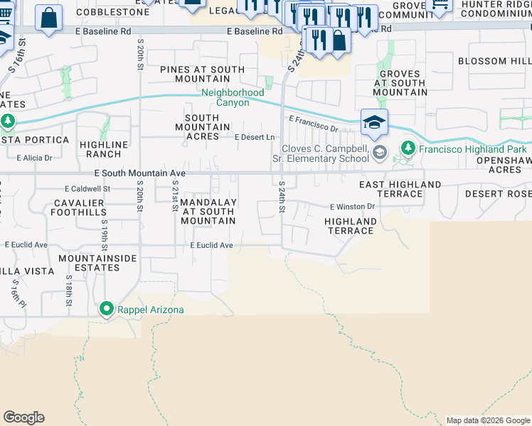 map of restaurants, bars, coffee shops, grocery stores, and more near 2333 East Winston Drive in Phoenix