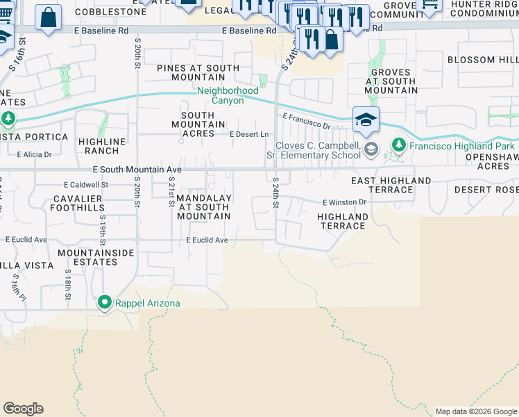map of restaurants, bars, coffee shops, grocery stores, and more near 2333 East Winston Drive in Phoenix