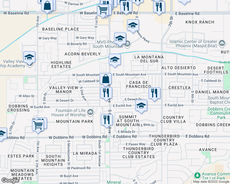 map of restaurants, bars, coffee shops, grocery stores, and more near 8414 South Central Avenue in Phoenix