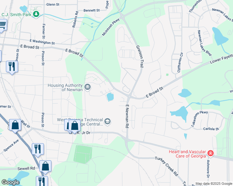 map of restaurants, bars, coffee shops, grocery stores, and more near 257 East Broad Street in Newnan