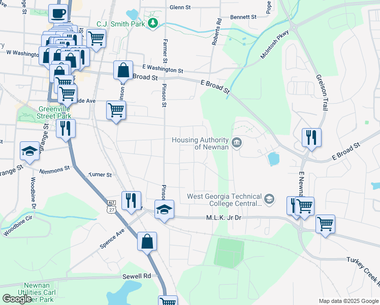 map of restaurants, bars, coffee shops, grocery stores, and more near 19 Hill Street in Newnan