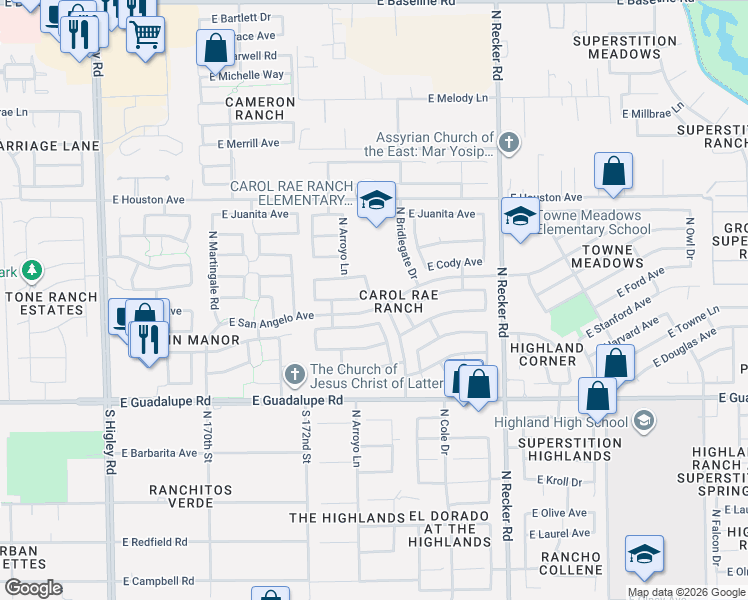 map of restaurants, bars, coffee shops, grocery stores, and more near 3741 East Cody Avenue in Gilbert